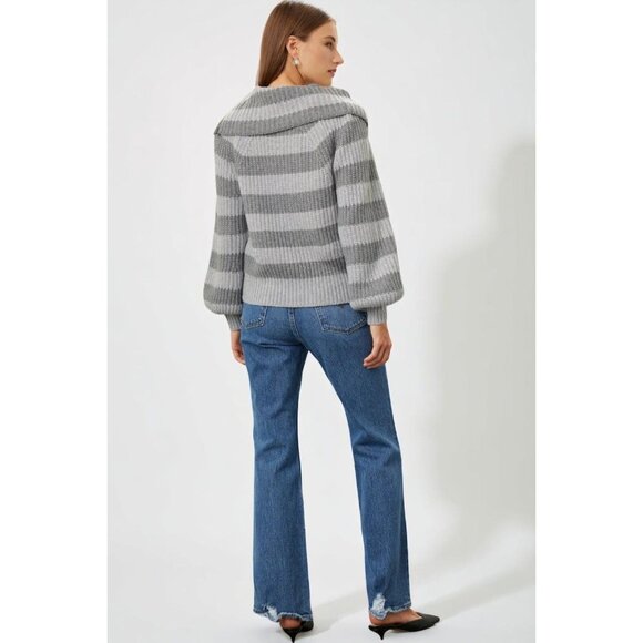 Derek Lam 10 Crosby Gray Striped Button Neck Sweater Ribbed Knit Small - Picture 5 of 7